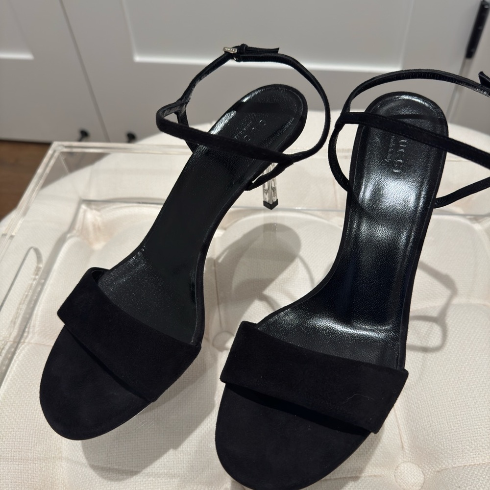 (SOLD) Gucci Black Suede Crystal-Heel Sandals – Size 38.5 - Picture 1 of 10